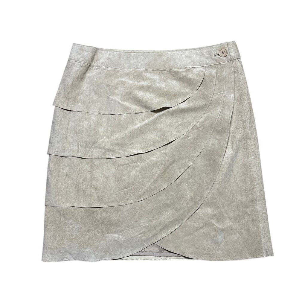 Kenar Suede Skirt Size 14 Beige Tiered Tulip Wrap Mini 100% Leather Lined NWT